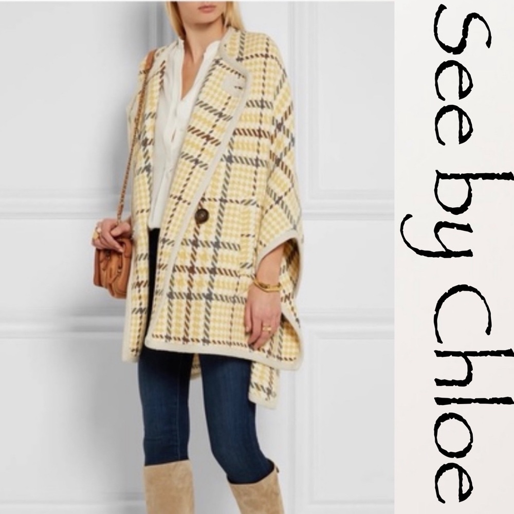 SEE BY CHLOE Yellow Plaid Wool Cape NWT